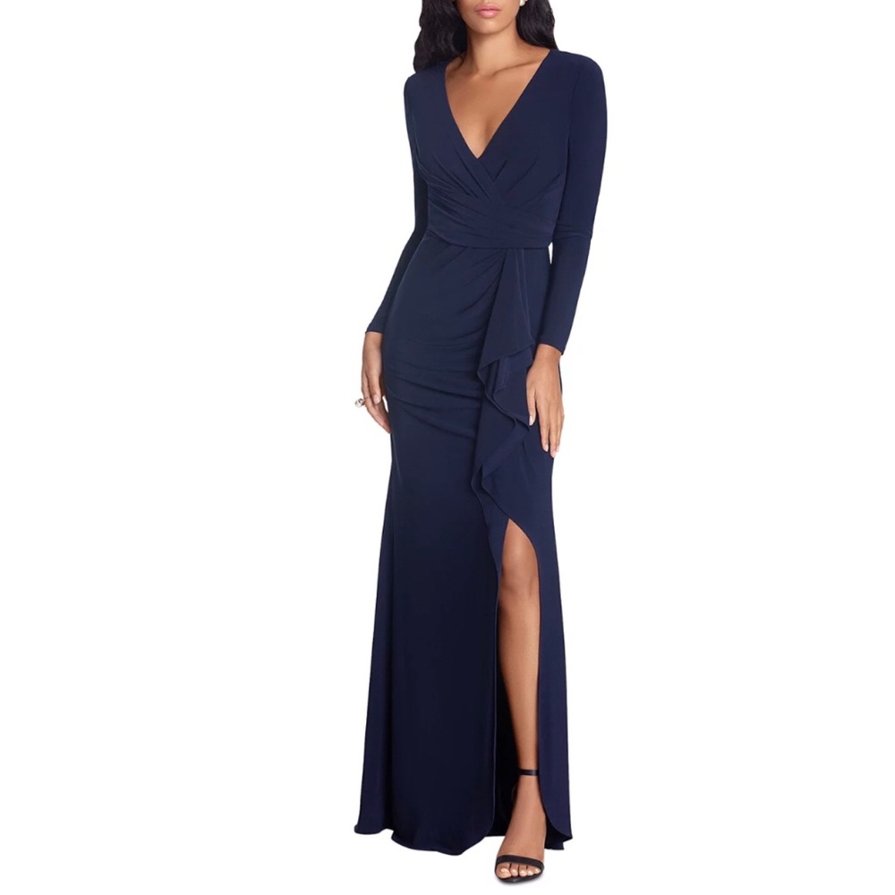 Betsy And Adam Blue Jersey Knit Gown Long Sleeve Cascading Ruffle Dress Size 4